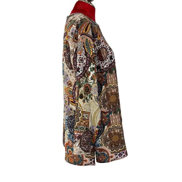Joan Rivers sz S blouse tunic top paisley print brown gold beige button front - Picture 3 of 9